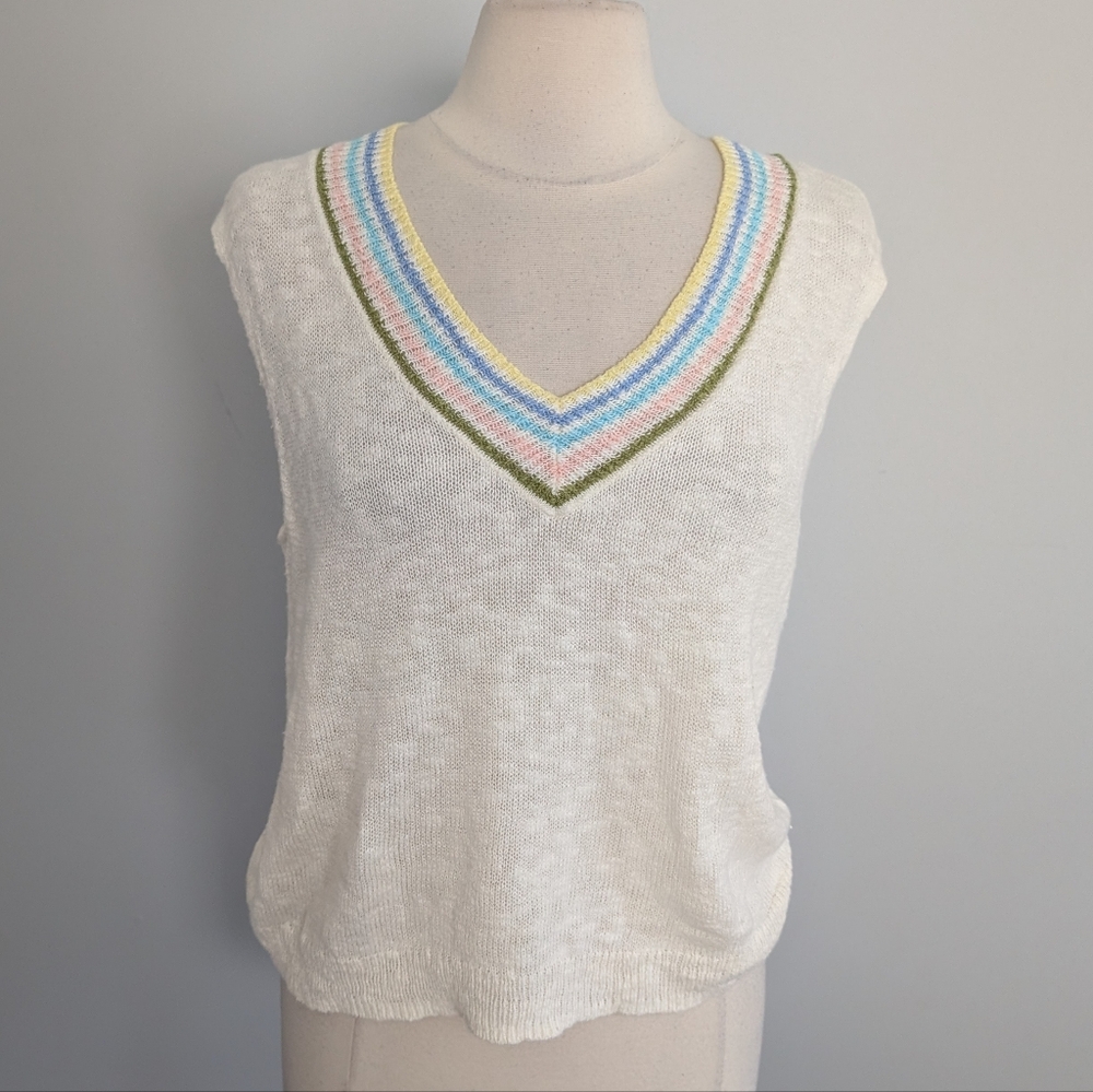 Women's Talbot's Pastel Rainbow Stripe Sweater Medium Petite Linen Cotton